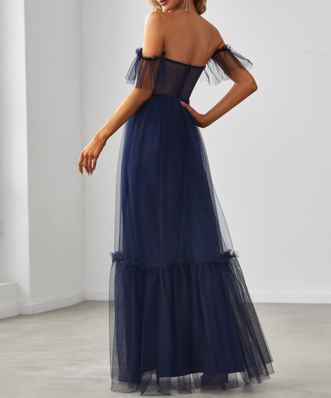 Navy Blue Women's Formal Dress Sweetheart Off-Shoulder Ruched Tulle Maxi Prom Dresses
